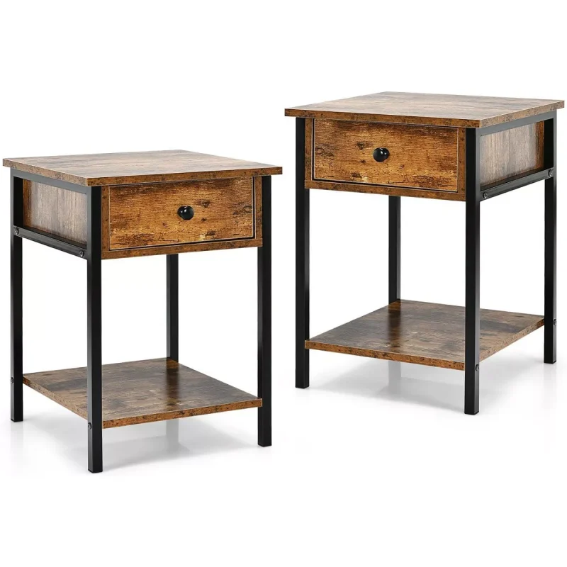 Set of 2 Industrial 2-Tier End Table Nightstand with Storage Drawer and Shelf Bedside Tables with Metal Frame Brown