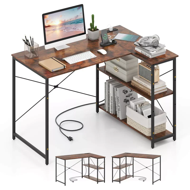 L-Shaped Computer Desk with Power Outlets Adjustable shelf Heavy-Duty Metal Frame Brown/White/Black