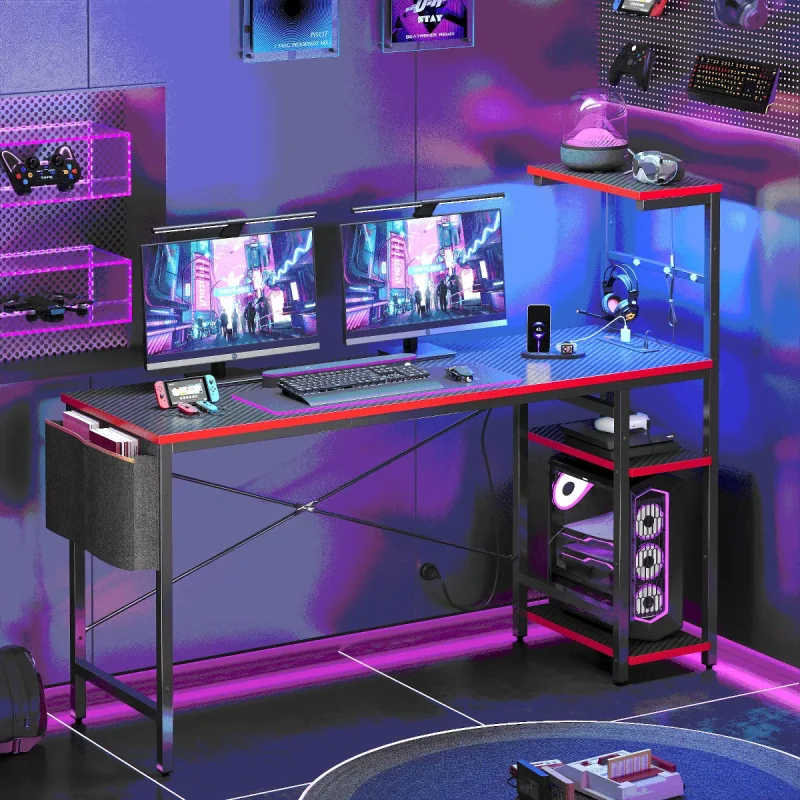 61" Reversible Gaming Computer Desk with Power Outlet LED Desk with 4 Tier Shelves