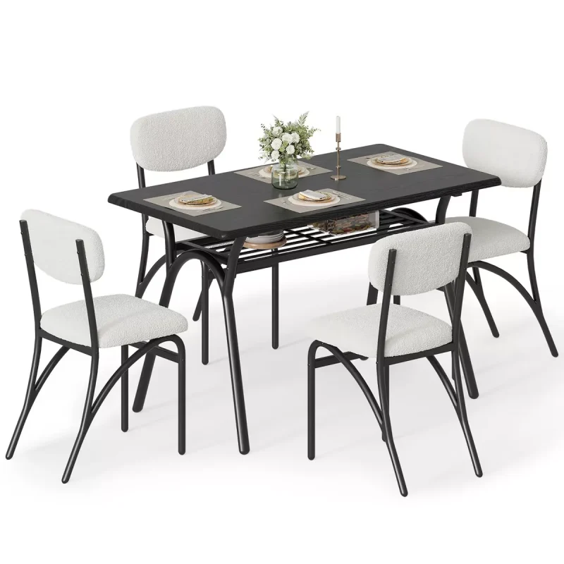 Dining Table Set for 4, Rectangular Kitchen Table with 4 Boucle Chairs, Dining Table with Storage