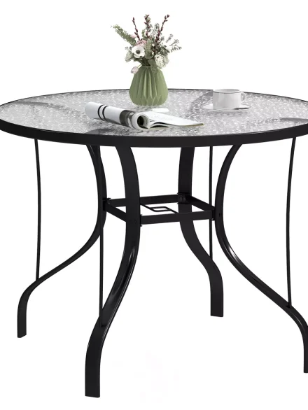 38" Round Patio Table, Outdoor Dining Table Tempered Glass Metal Frame Bistro Table with Umbrella Hole, for Deck, Yard, Balcony, Lawn, Pool