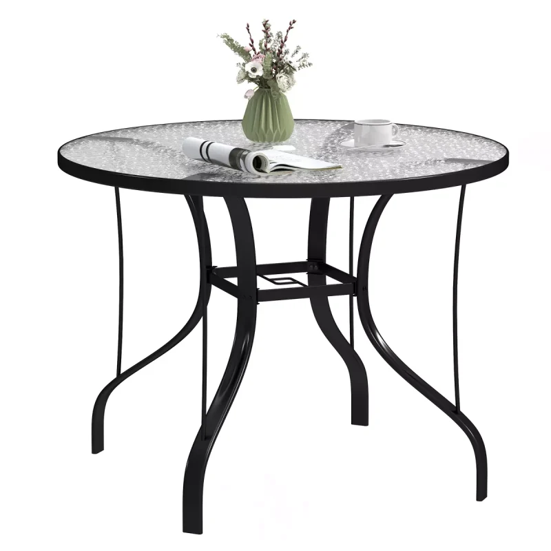 38" Round Patio Table, Outdoor Dining Table Tempered Glass Metal Frame Bistro Table with Umbrella Hole, for Deck, Yard, Balcony, Lawn, Pool